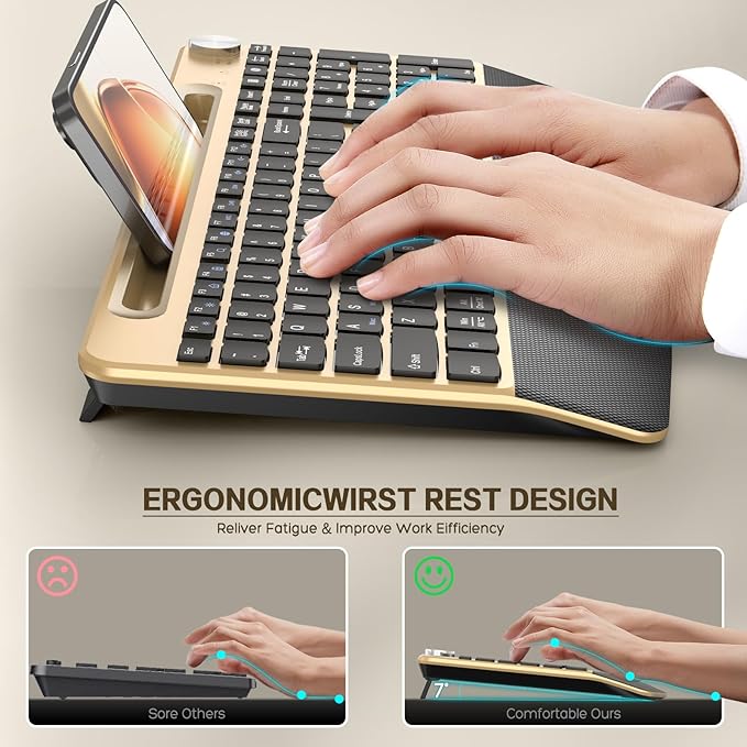 JOYACCESS Ergonomic Wireless Keyboard with Wrist Rest, Phone/Tablet Holder,Windows & Mac OS, 2.4 GHz Wireless, Full-Size,Quiet Keyboard Compatible for Laptop,PC, Mac, Windows -Black Glod