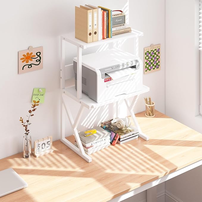 aboxoo Desktop Printer Stand with 3 Tier Wood Storage Shelves,Under Desk Printer Table,Multi-Purpose Home Office Desk Organizer for Fax Machine, Scanner (White)