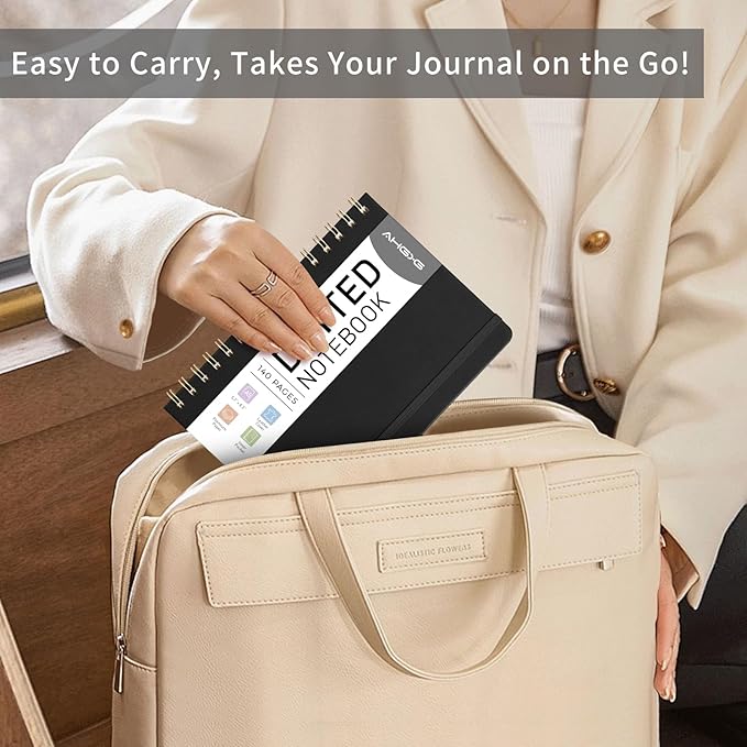 AHGXG Bullet Dotted Journal Spiral Notebook, Hardcover Leather Dotted Notebook 140 Pages, A5 Dot Grid Paper Notebook, 100 gsm Thick Paper, for Bullet Journaling, 5.7" x 8.3", Black