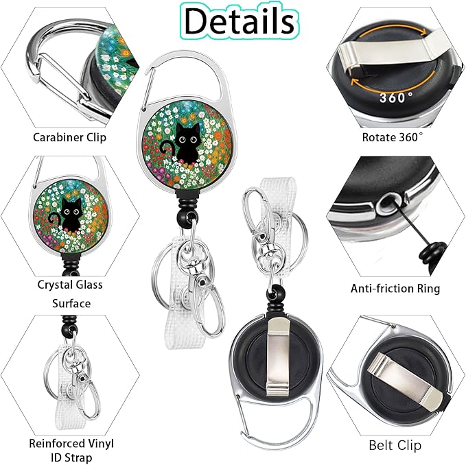 Gctriki Flower Cat Badge Reel Retractable with 360° Swivel Carabiner Clip, Fun Work ID Badge Holder Retractable Clip, Cute Students Nurse Teacher ID Card Holder Keychain Accessories Office Gifts
