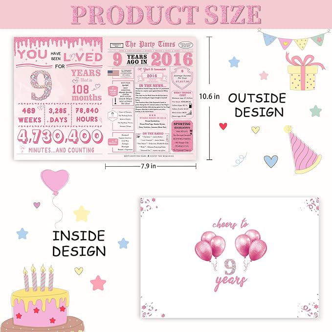 Birthday Gifts for 9 Year Old Girl，9th Birthday Decorations for Girls，9th Bday Card，9 Year Old Bday Gift Cards for Daughter Granddaughter Niece
