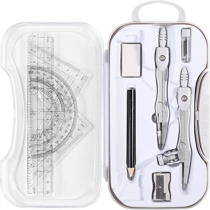 Math Geometry Sets 10 Piece Student Supplies with Shatterproof Storage Box,Includes Rulers,Protractor,Compass,Eraser,Pencil Sharpener,Lead Refills,Pencil,for Drafting and Drawings（Grey）