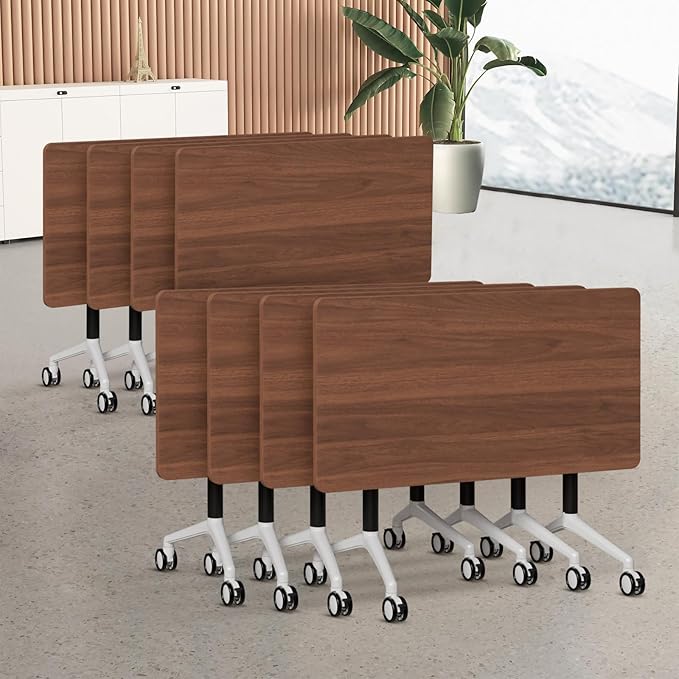 Folding Conference Table, Modern Large Conference Room Tables with Flip-Top Design, Foldable Conference Table Meeting Table with Wheels, Mobile Seminar Training Tables for Office Classroom (8, Brown)