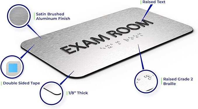 Exam Room Sign for Business - Medical Office Signs, Aluminum Brushed Silver, Tamper-Proof, Heavy Duty Mounting Tape, Easy Install, Office Décor, ADA Compliant, Grade 2 Braille (7”W x 4”H) ADASigns.org