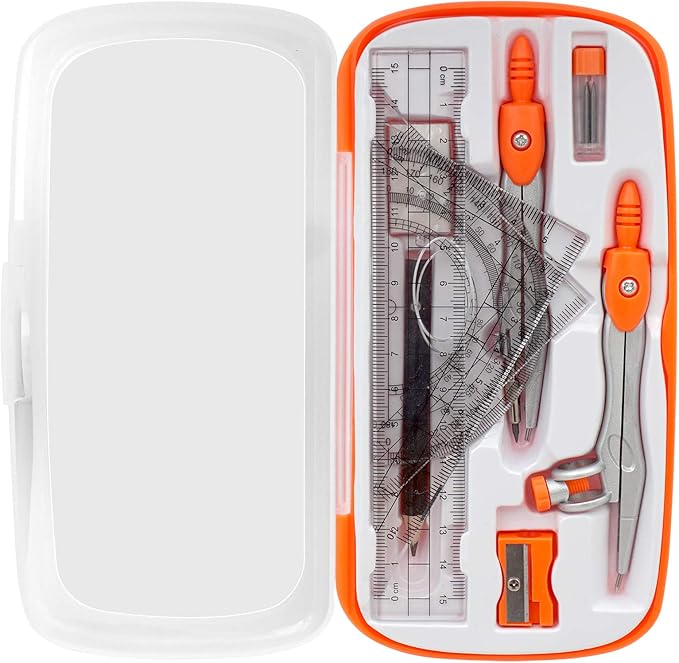 Geometry Compass Set 2 Drafting Compasses with Maths Protractor Set Squares Ruler and More for Students Starters Homework etc. Orange