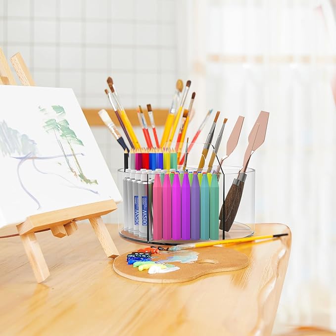 Absonic 2 Pack Acrylic Pen Organizer, 360 Rotating Clear Colored Pen and Pencil Crayon Marker Holder Caddy for Desk, Desktop Storage and Organizer for School Art Supplies