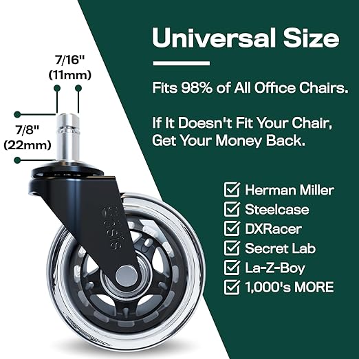 The Office Oasis Original Rollerblade Office Chair Wheels (As Seen On PBS) - Incredibly Smooth & Quiet Casters - Safe for Hardwood Floors & Carpet - Easy Installation with Universal Fit - Set of 5
