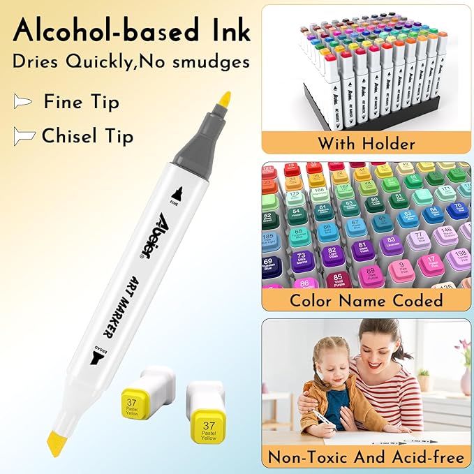 ABEIER Alcohol Markers, 168 Colors Dual Tip (Fine & Chisel) Art, Coloring Markers for Adults Kid, Ideal for Book Drawing Sketching Painting, Card Making, Includes 1 Colorless Blender