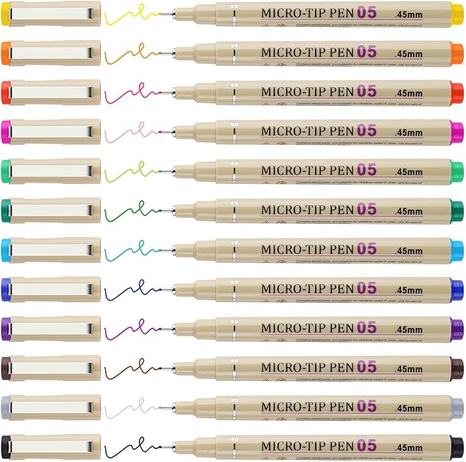 [12 Colors] 05 Micro, Fineliner Pen Set Ink, Fine Point Pen,Multi-liner, Sketching, Anime,Artist Illustrating/Technical Drawing,Office Documents