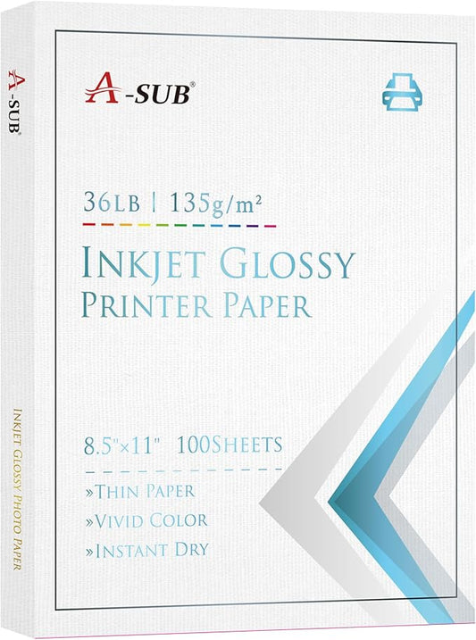 A-SUB Glossy Thin Photo Printer Paper for Flyer Brochure Chip Bag 8.5x11 Inch 36lb for Inkjet Printer Dye Ink Single-Side Print 135gsm