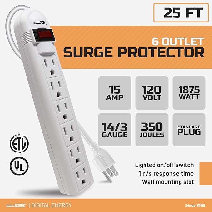 Digital Energy 6-Outlet Surge Protector Power Strip with 25-Ft Long Extension Cord, White, ETL Listed, UL Standard