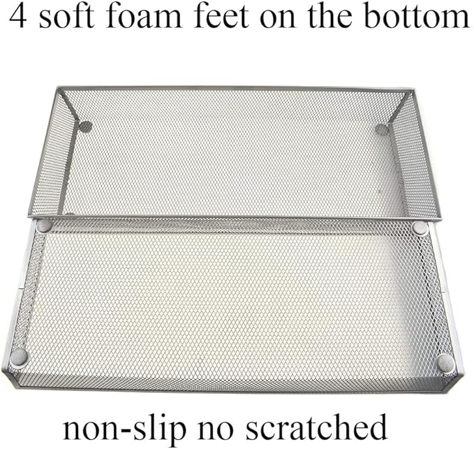 HAHIYO Stackable Mesh Tray Cup 15 x 6 x 2 inches Sturdy Container for Desk Drawer Organizer Collection for Home Office School kitchen Soft Foam Feet No Sharp Edges 1 Pack Silver