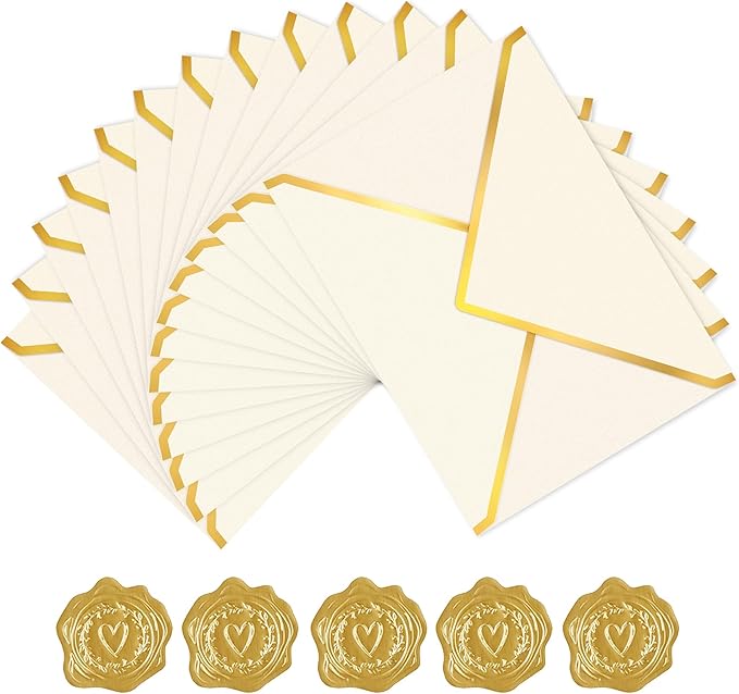 60 Pack Gold Envelopes 5x7 Bulk Beige, 250G Pearled Cardstock A7 Envelopes for Invitations Business Mailing Envelope with Gold Foil Border, A6 4x6 Envelopes for Wedding Baby Shower Cards
