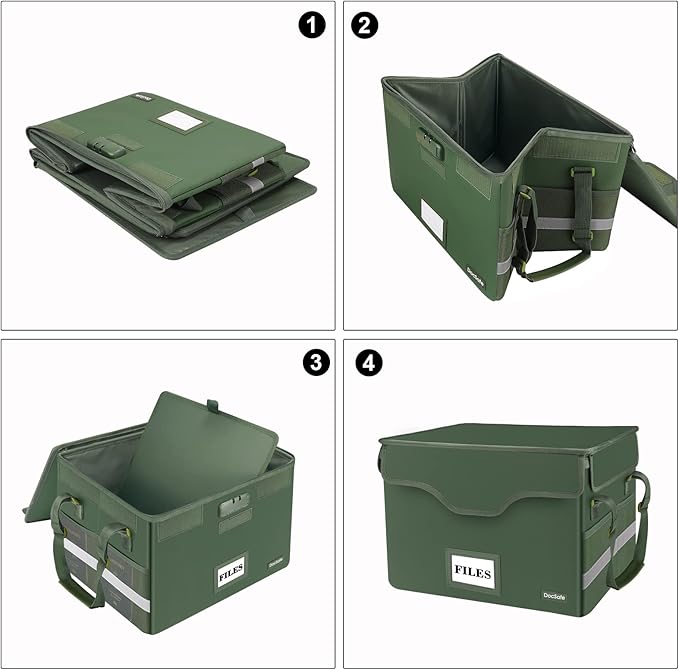 DocSafe File Box Fireproof Document Box with Lock,File Storage Organizer Box with Mesh Inserts＆Zipper Lid,Collapsible Portable File Box Home Office File Cabinet with Handle for Hanging Folders,Green
