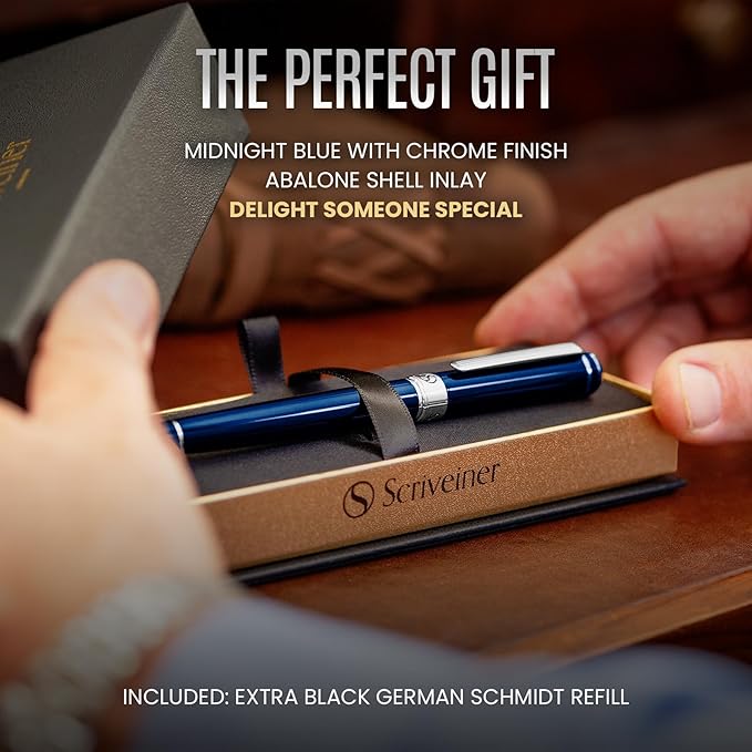 Scriveiner Midnight Blue Rollerball Pen - Stunning Blue Lacquer Luxury Pen, Chrome Finish, Schmidt Ink Refills, Men & Women, Professional, Executive Office, Nice Pen
