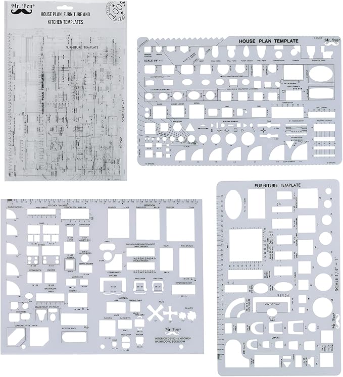 Mr. Pen- House Plan, Interior Design and Furniture Templates, Drafting Tools and Ruler Shapes for Architecture - Set of 3