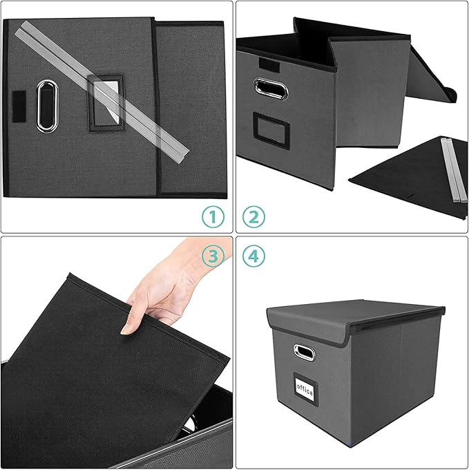 Huolewa File Organizer Box with Lid, Collapsible File Folder Organizer for Office Document Storage, Filing Box with Plastic Slide for Letter/Legal Size Hanging Files, Dark Grey