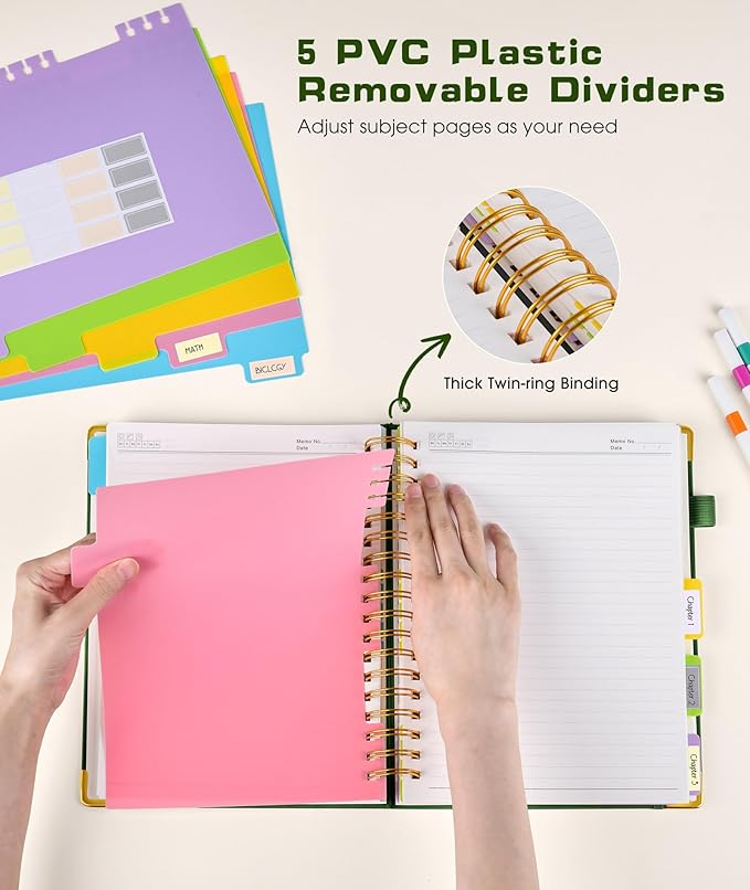 Hardcover Spiral Notebook journal with Removable Dividers Tabs, 300 Pages Leather 5 Subject Notebook College Ruled, 8"x10" Large B5 Notebooks for Work School Note taking, Lined Journal for Women,Green