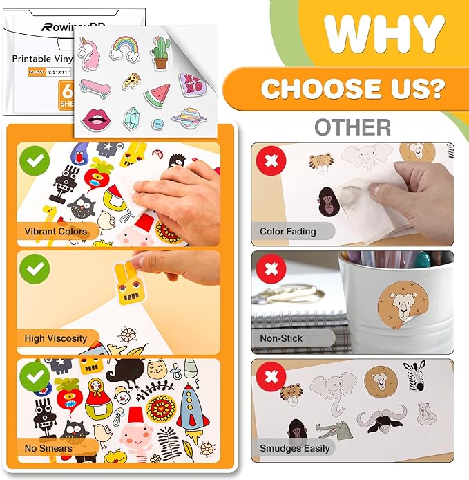 60 PCS Sticker Paper for Inkjet Printer，Printable Vinyl Sticker Paper Dries Quickly Vivid Colors，8.5"x11" Tear Resistant Printable Vinyl，Glossy White,Inkjet & Laser Printer