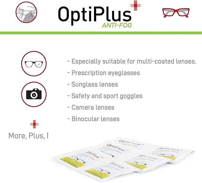 OptiPlus Anti Fog Lens Wipes l Pre-Moistened l Cleaning Wipes for Glasses, Laptops Screens, Smart Phones, Optical Lens, Goggles, Watch Screen and More l Defogging, Quick-Dry & Scratch-Free l 60 Count