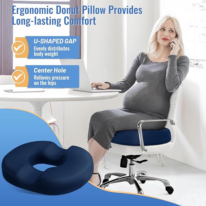CloudBliss Donut Pillow Seat Cushion for Tailbone Pain Relief and Hemorrhoids, Memory Foam Chair Cushion for Postpartum Pregnancy, Seat Cushions for Men and Women for Home & Office, (Blue)