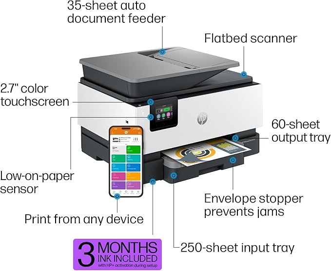 HP OfficeJet Pro 9125e All-in-One Printer, Color, Printer-for-Small Medium Business, Print, Copy, scan, fax,Touchscreen; Smart Advance Scan, 3 month Instant Ink trial included