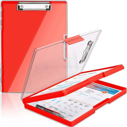 Clipboard with Storage,Heavy Duty Clip Boards 8.5x11 with 2 Storage Case,Clear Visible Top Panel Storage Clipboards,Side Opening Clip Boards,Nursing Clipboard Folder Case for Office Supplies-Red