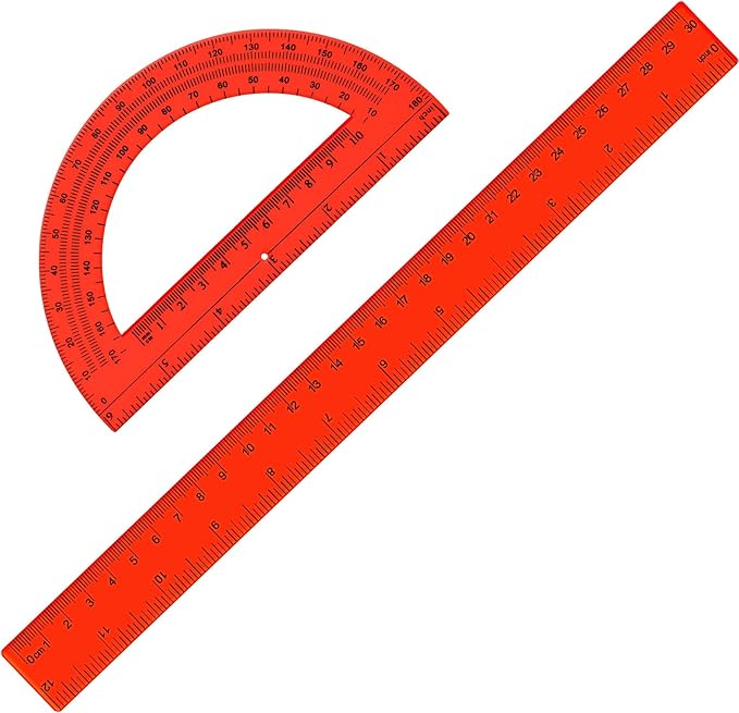 Zonon 2 Pack 12'' Plastic Ruler and 6'' Plastic Protractor Set Clear Ruler Protractor Set Math Geometry Supplies for School Classroom Home Office Drawing (Red)