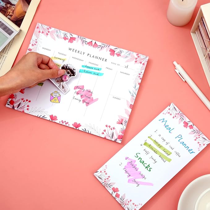 Weekly Planner Notepad Tear Off Set of 2 Weekly Calendar Pad 52 Undated To Do List Notepad Desk Planning Pads Productivity Tracker for Work School Home Goals Notes Schedule Ideas, Floral Pink