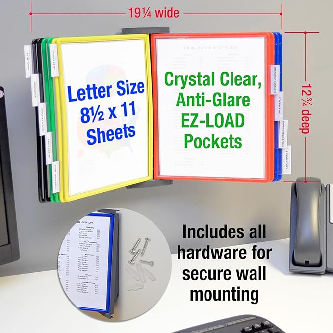 Ultimate Office AdjustaView 10-Pocket Wall Reference Organizer with Easy-Load Pockets and Mounting Screws