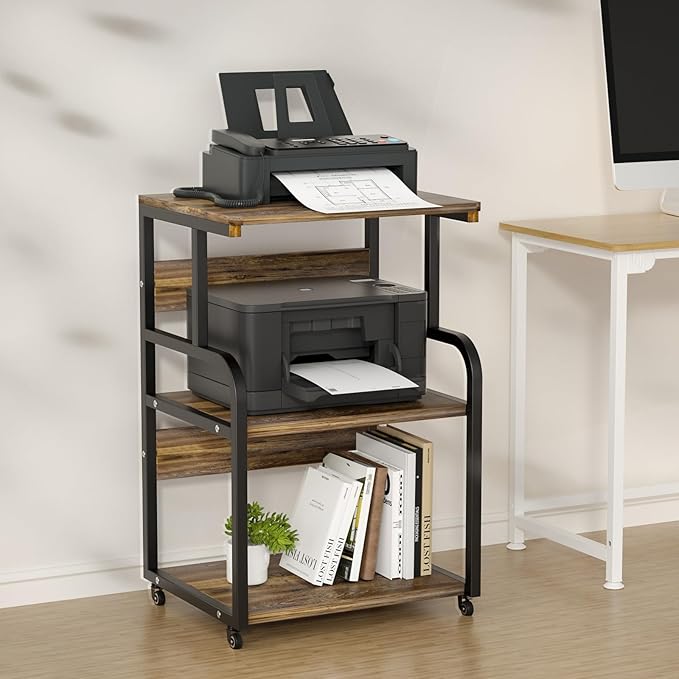 Large Printer Stand with 3-Tier Wood Storage Shelves -Multi-Purpose Desk Organizer- for Printer Scanner Fax Home Office Use with Wheels (Rustic Brown)