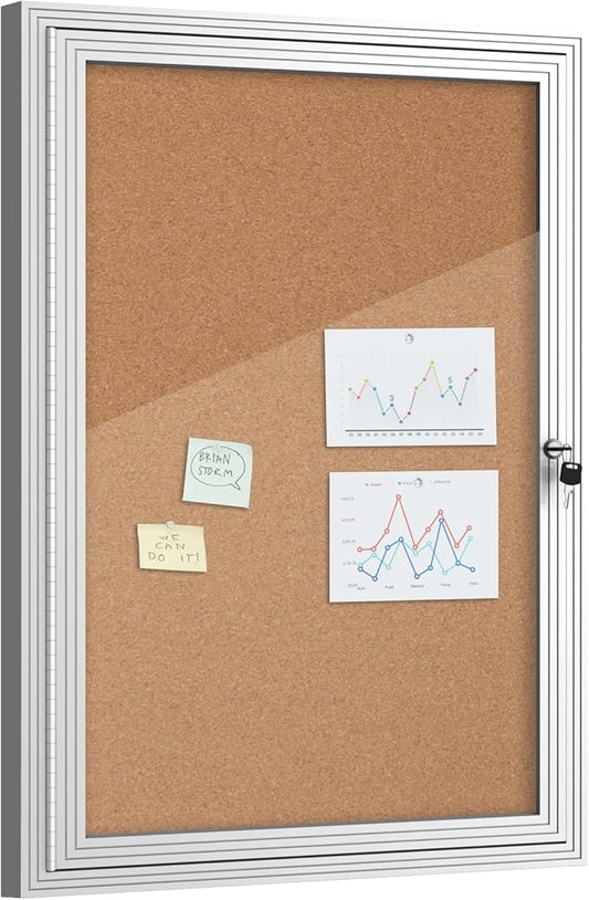 36"x24" Enclosed Bulletin Board, Outdoor Lockable Weather-Resistant Aluminum Cork Noticeboard for School & Office, Silver Frame w/Cork