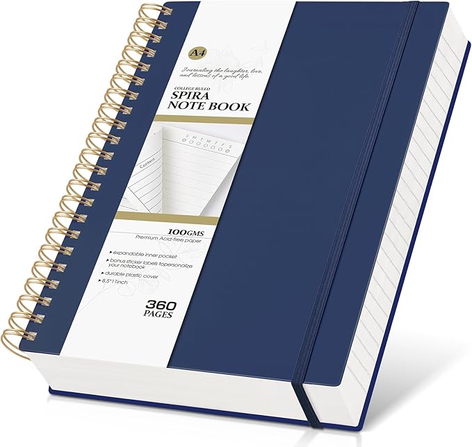 Spiral Notebook Journal College Ruled 8.5''x 11'', 360 Pages Lined Thick Journals for Women Men, A4 Large Spiral Notebooks with 100GSM Paper, Spiral Journaling for Writing Work, School Blue