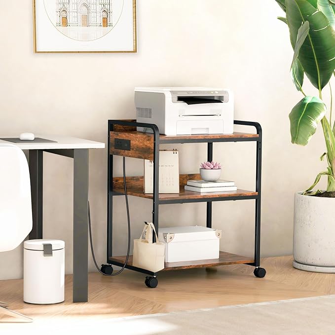 3 Tier Large Printer Stand with Wheels, 25.2 x 18.9 Inch Printer Stand with Power Outlet USB Port, Printer Table with Adjustable Storage Shelf for Home Office, Rustic Brown