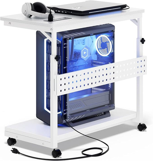 Computer Tower Stand with Power Strips, Height Adjustable PC Tower Stand/Cart with Wheels, Mobile Rolling CPU Holder, Computer Cart Side Stand for Computer Desk, 24", Carbon Fiber White