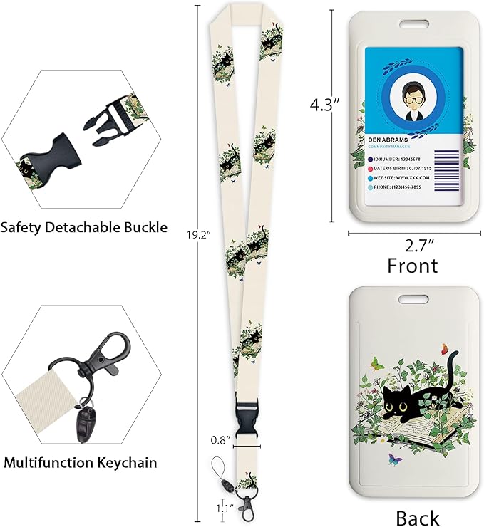 Giancomics Lanyards for Id Badges, Book Black Cat ID Badge Holder with Lanyard Badge Reel Retractable, Lanyard with ID Holder Keychain Clip Name Tag Cute ID Card Holder for Teacher Women Work Office
