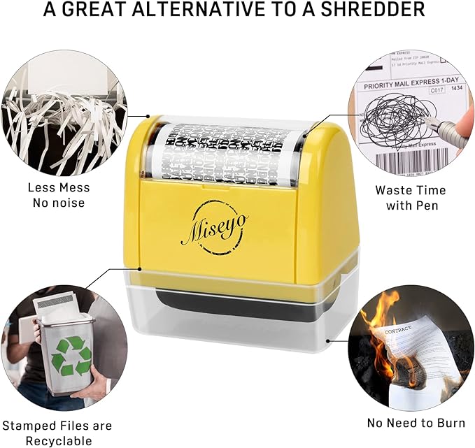 Miseyo Wide Identity Theft Protection Roller Stamp Set - Yellow (3 Refill Ink Included)