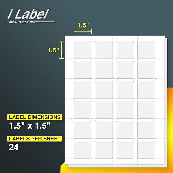 24UP 1.5" x 1.5" Square Labels for Laser & Inkjet Printers[150 Sheets,3600 Labels]