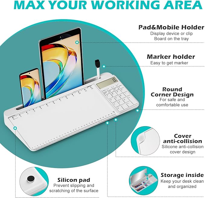 Desktop Glass Whiteboard with Mirror & Calculator(12 Digit LCD Display) & Ruler Marker,Tilted Computer Keyboard Stand with Dry Erase Board Surface, Desk Organizers with Accessories,White