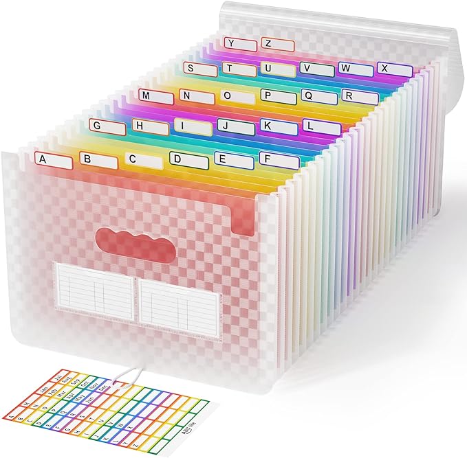 ABC life 26 Pockets Accordian File Folder Organizer Letter Size Expanding File Folder, A4 Portable Document Paper School Organizer, Expandable Multicolor Accordion Filing Folders with Labels(Pink)