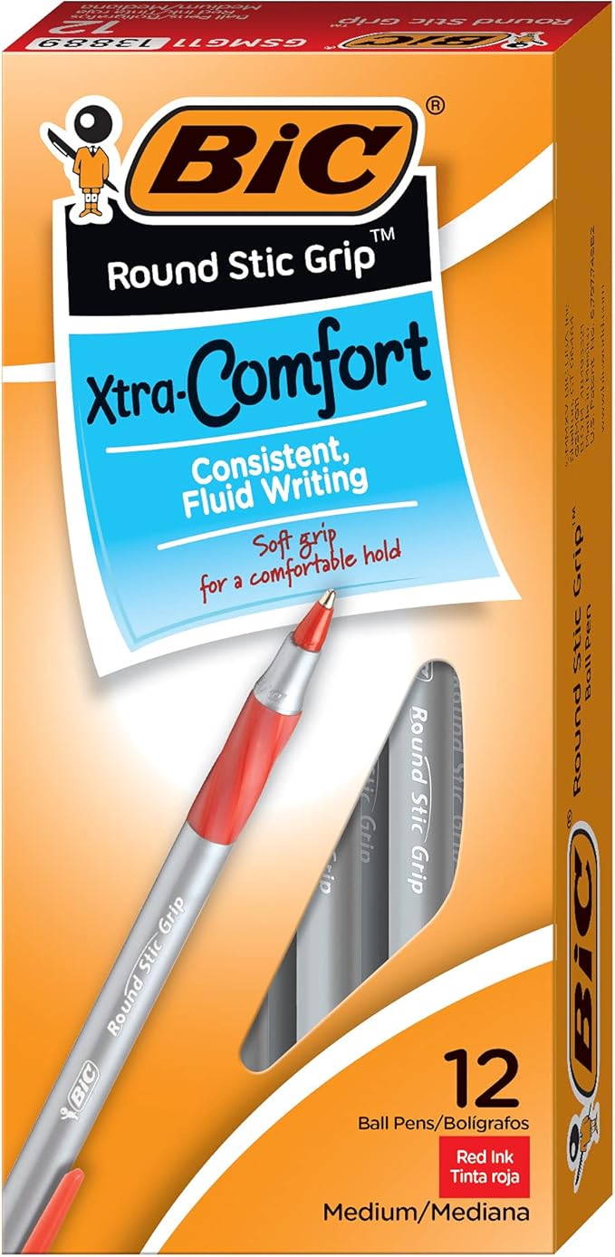 BIC Round Stic Grip Xtra Comfort Ballpoint Pen, Medium Point (1.2mm), Red, 12-Count (Pack of 2)