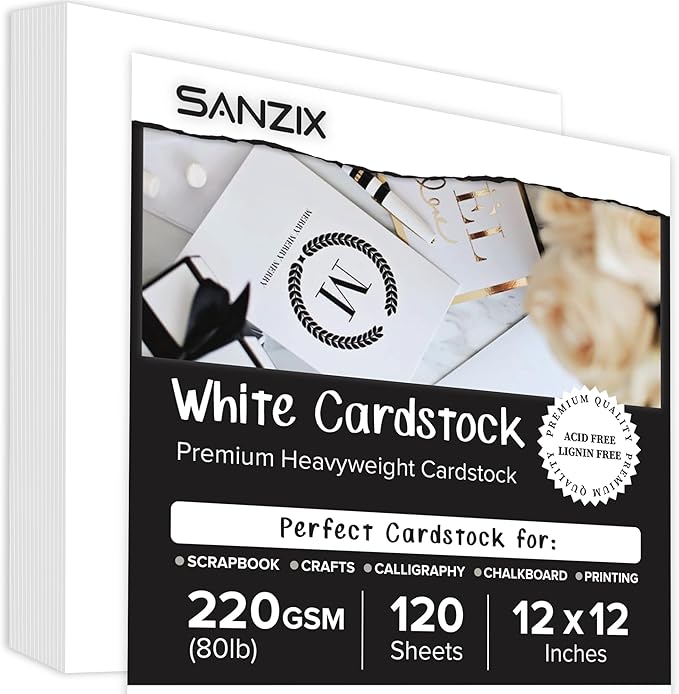 SANZIX 120 Sheets of White Cardstock 12 x 12 Inches, 220 GSM 80 Lbs - Perfect for Crafting, Scrapbooking, DIY Projects, Card Making, Invitations | Thick White 12x12 Cardstock for Professional Results