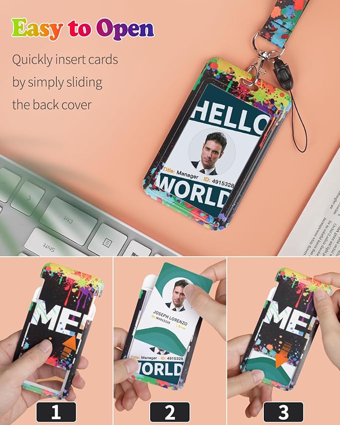 Uniclife Fashionable Sliding Badge Holder Paint Splash Plastic Case with Retractable Badge Reel Carabiner Clip & Detachable Lanyard Strap Vertical Card Protector for Worker Nurse Teacher Student