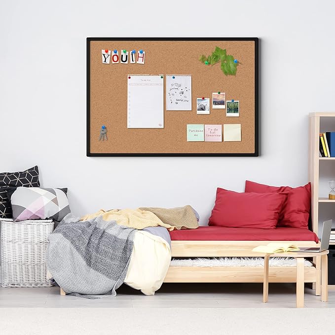 Board2by Bulletin Board 48 x 36, Black Aluminium Framed 4x3 Corkboard , Large Wall Mounted Notice Board with 18 Push Pins for School, Home & Office