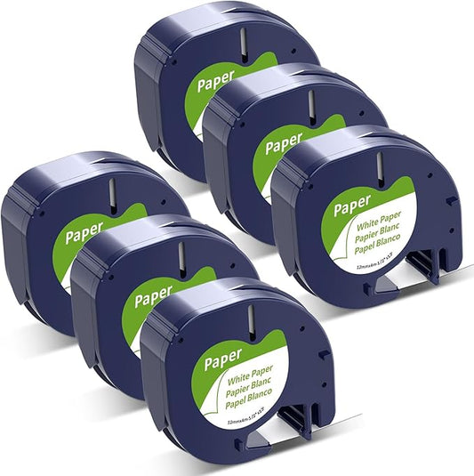6-Pack 91330 Compatible with Dymo LetraTag Label Tape Refills, 12mm x 4m (1/2" x 13') White Paper Compatible with Letra Tag Label Makers LT-100H, LT-100T, Easy-Peel, Strong Adhesive, Clear Printing