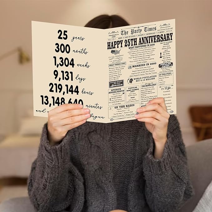 YiKaLus Large 25th Anniversary Card for Couples, Retro 25 Years Wedding Aday Gift Ideas for Him Her, Unique Silver Aday Gifts for Husband Wife