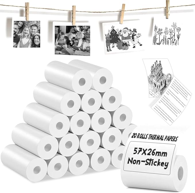 20 Rolls Thermal Paper, Glossy Thermal Printer Paper for Mini Portable Printer, 57mm X 4.5m, Diameter 26mm, Thermal Labels for Most Pocket Printer, Black Text, Suitable For Notes, List, Photos