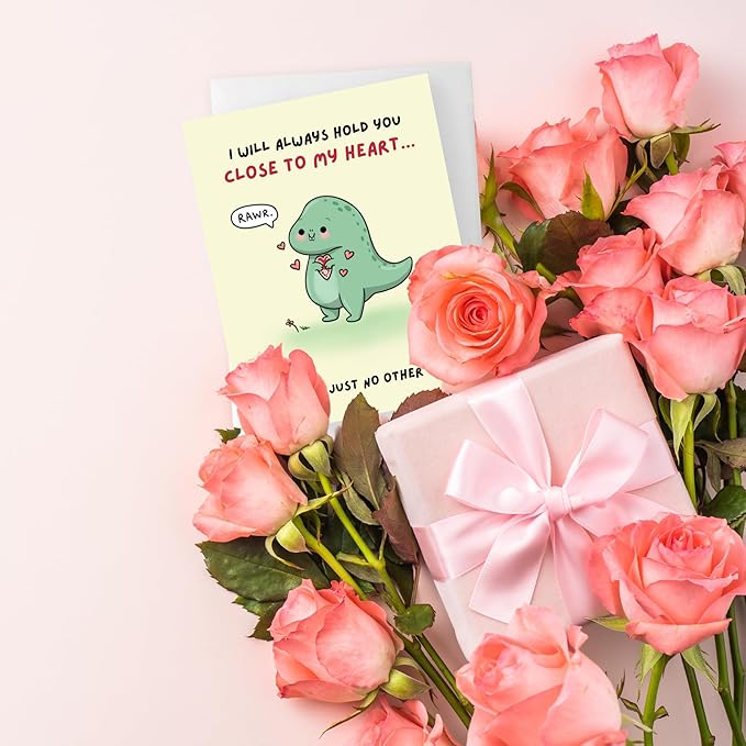 ALY LOU Anniversary Card for Her Him/Girlfriend Wife/Husband Boyfriend, Friendship Thank You Birthday Kawaii Greeting Card (Close to heart (t-rex))