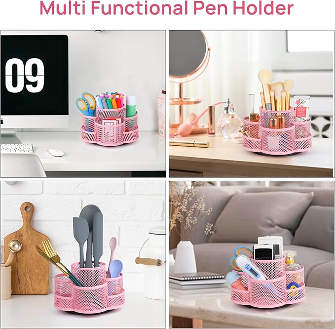 Pink Pen Holder for Desk, Rotating Pencil Holder, Cup Holder for Desk Office, Pen Organizer