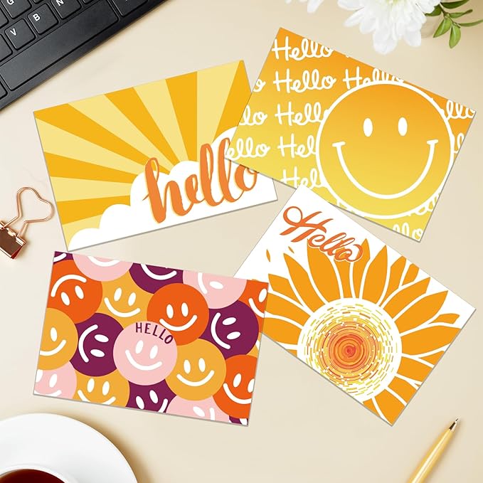 60 Hello Postcards for Mailing Bulk Blank Greeting Cards 4 x 6 Inch Sunny Sunflower Colorful Smiley Face Post Cards for Kids Adults Teachers Students Assorted Blank Note Cards 5 Hello Designs